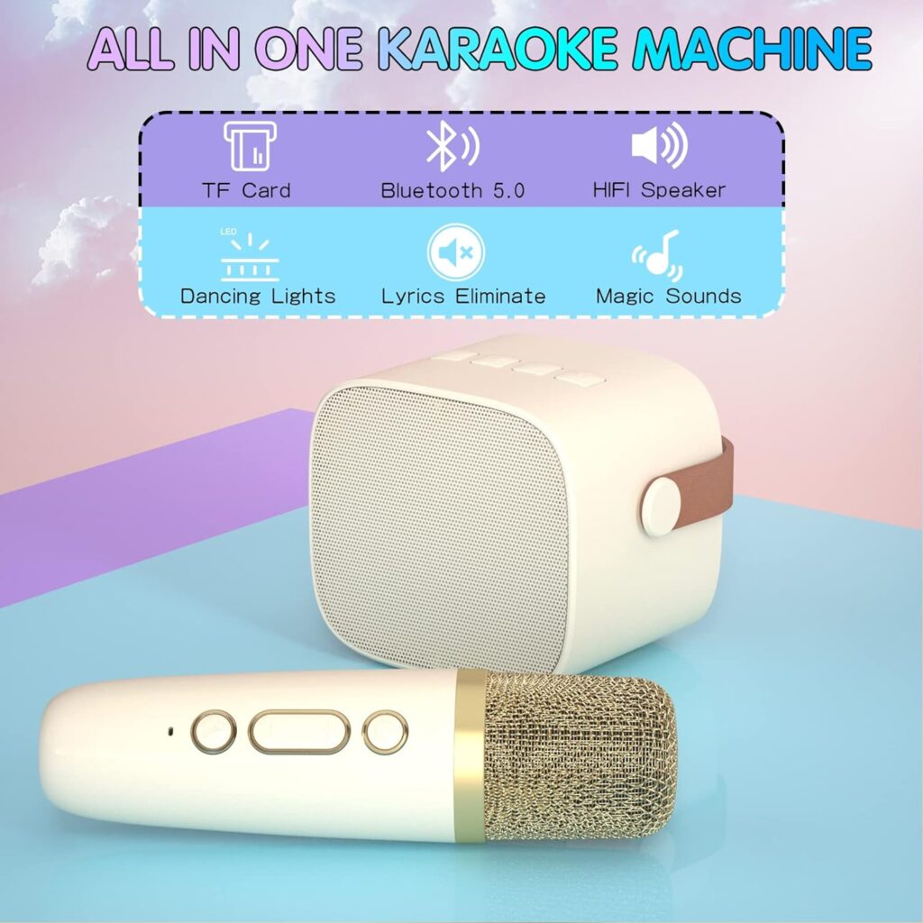 YLL Kids Karaoke Machine, Portable Bluetooth Speaker with Wireless Microphone for Adults, Karaoke Toys Gifts for Girls Ages 4, 5, 6, 7, 8, 9, 10, 12 +Year Old Birthday Party (Beige)