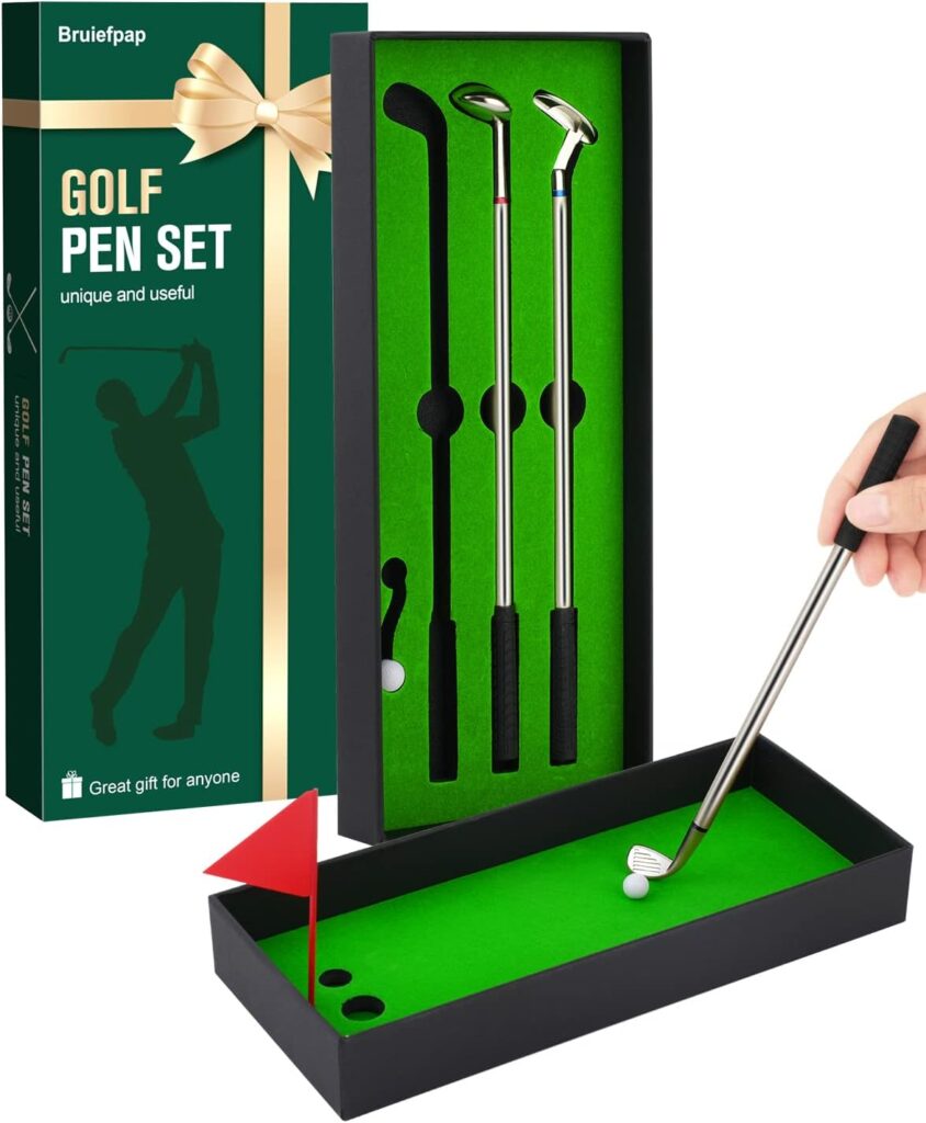 Bruiefpap Golf Pen Gifts for Men Women, Birthday Gifts for Golf Lover,Stocking Stuffers for Adults Dad Him Teen Boss, Mini Desktop Golf Sets with 3 Golf Clubs Pens, Putting Green, Flag,2 Balls