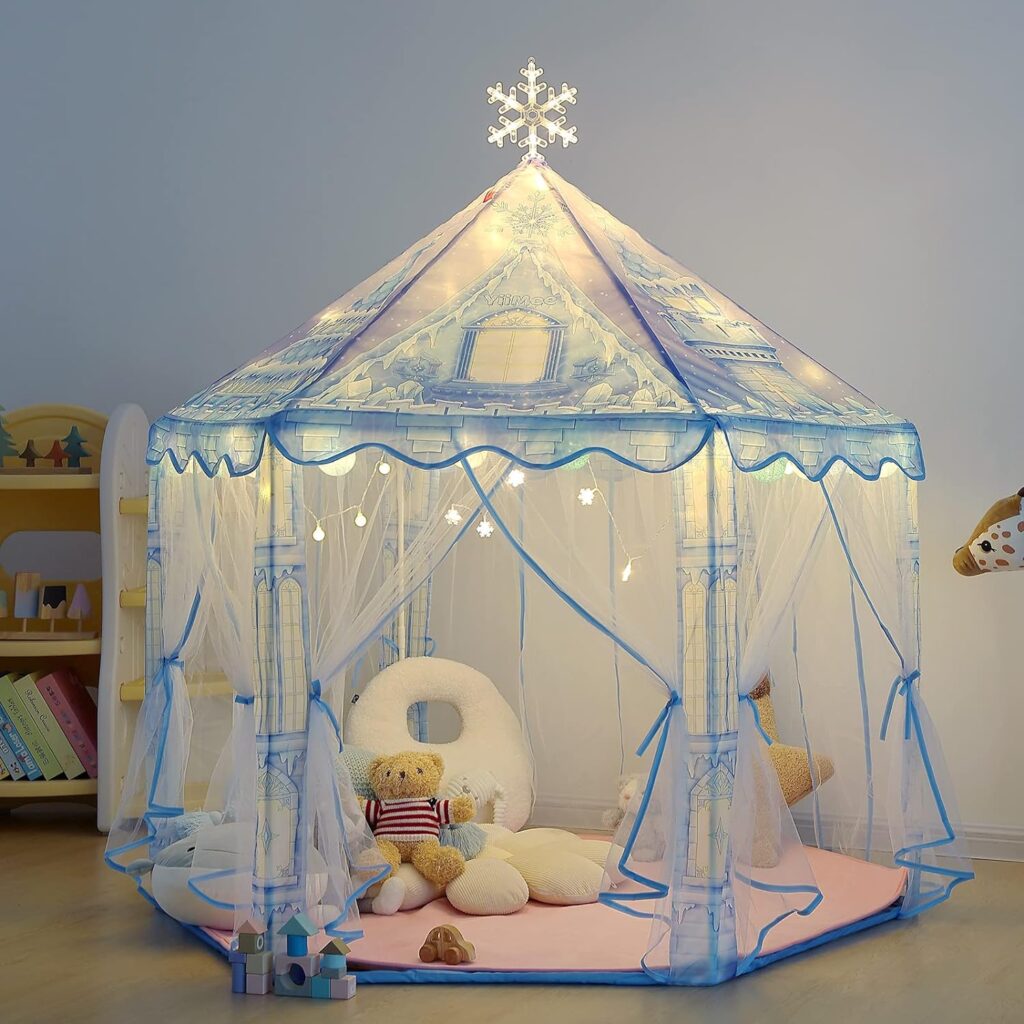 Princess Play Tent, Frozen Toy for Girls, Kids with Snowflake Lights, Playhouse for Toddlers Indoor Outdoor, Princess Castle Gifts Tent with Rug