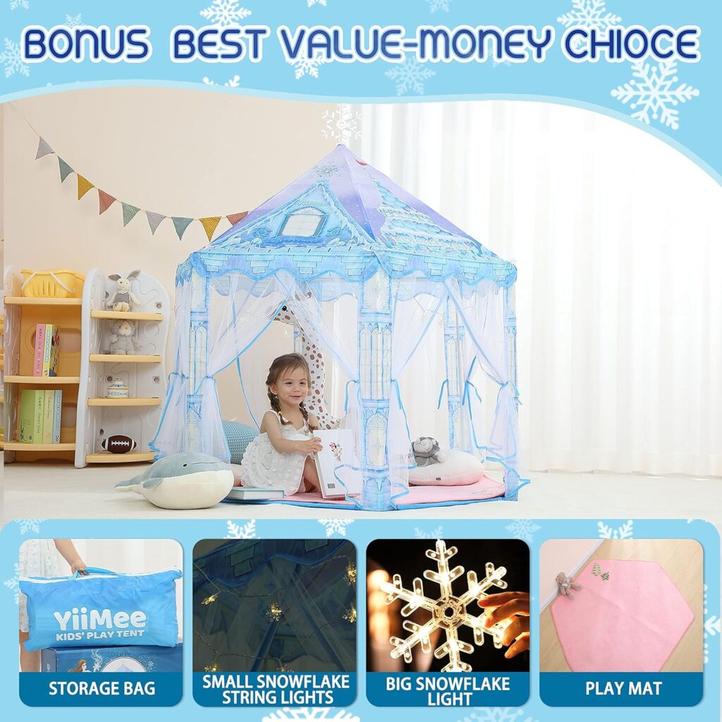 Princess Play Tent, Frozen Toy for Girls, Kids with Snowflake Lights, Playhouse for Toddlers Indoor Outdoor, Princess Castle Gifts Tent with Rug