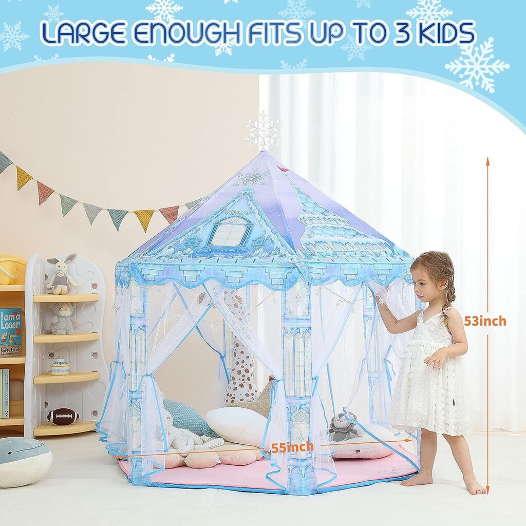 Princess Play Tent, Frozen Toy for Girls, Kids with Snowflake Lights, Playhouse for Toddlers Indoor Outdoor, Princess Castle Gifts Tent with Rug