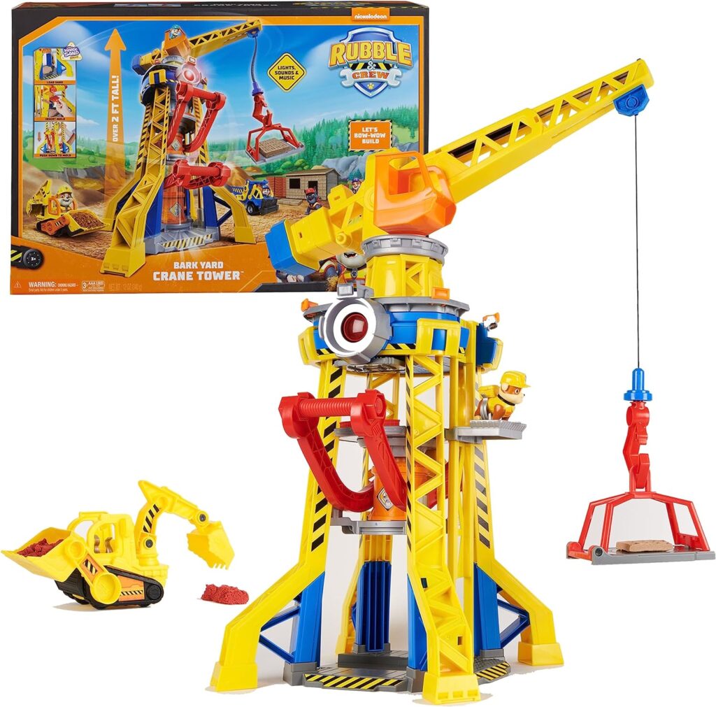 Rubble Crew, Bark Yard Crane Tower Playset with Rubble Action Figure, Toy Bulldozer Kinetic Build-It Play Sand, Kids Toys for Boys Girls 3+