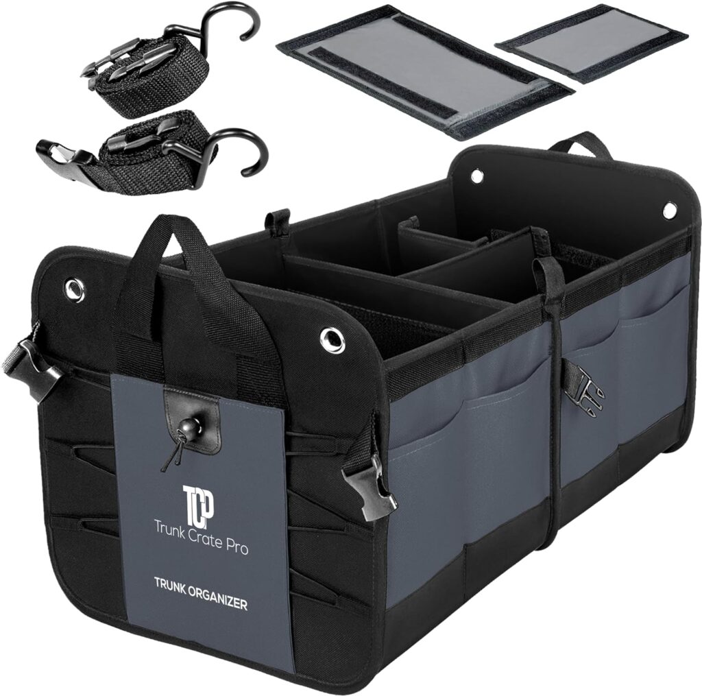TRUNKCRATEPRO Car Storage Organizer, Gray Car Organizer, Trunk Organizer for Car, SUV, Truck, Premium Multi Adjustable Compartments Collapsible car Trunk Organizers (Large Capacity)